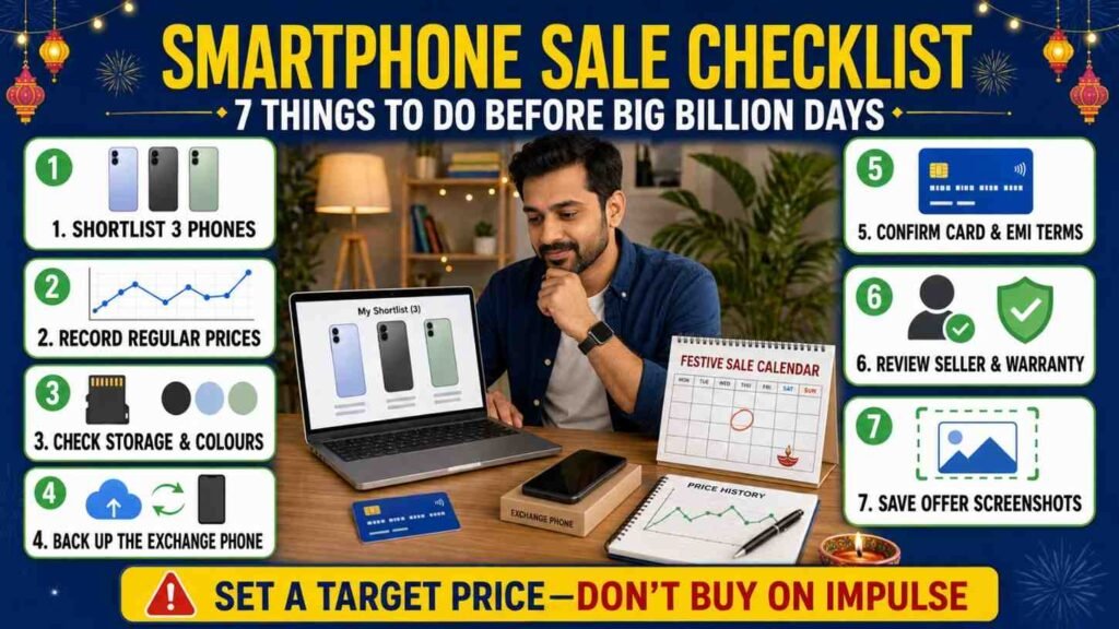 Seven-point smartphone sale checklist for preparing before Flipkart Big Billion Days.