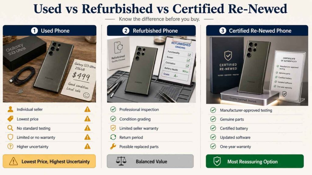 Samsung Galaxy S23 Ultra at half price used refurbished and certified renewed comparison