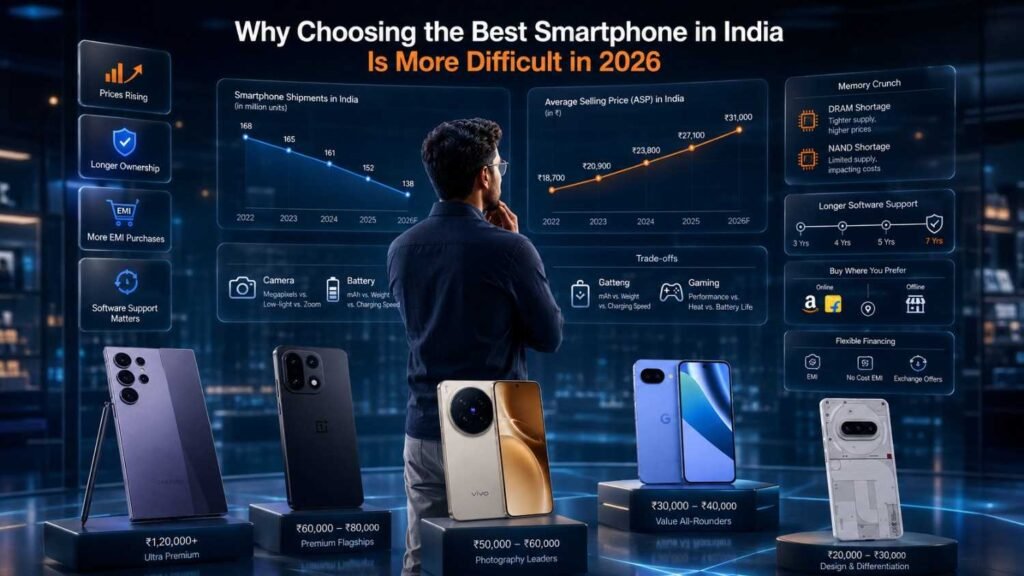 Indian buyer comparing smartphones by price, camera, battery, gaming, EMI and software support in India in 2026.