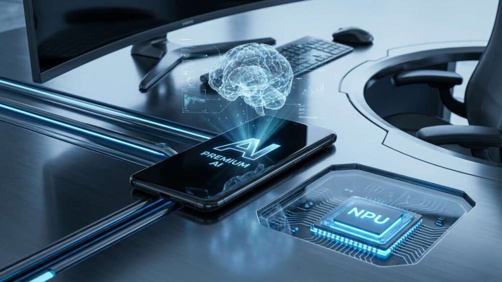 Futuristic AI smartphone displaying holographic AI interface with neural processor, smart camera, battery optimization, and digital technology icons.