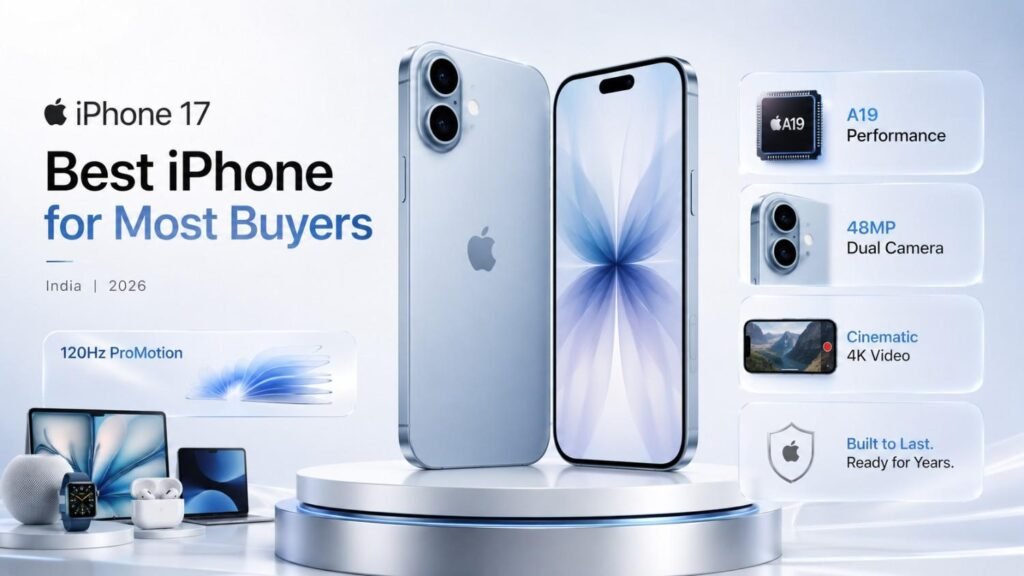 Apple iPhone 17 with 120Hz ProMotion display, A19 chip and 48MP camera, recommended for most iPhone buyers in India.