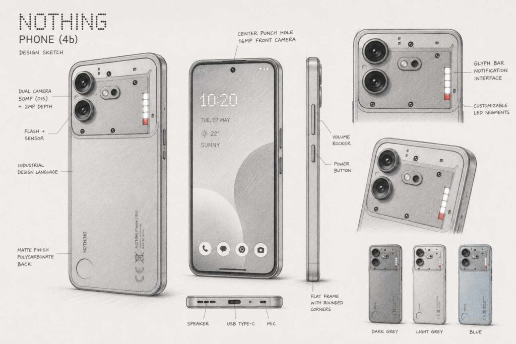 Pencil sketch concept of the Nothing Phone (4b) showing front, rear and side views with Glyph Bar and industrial design details