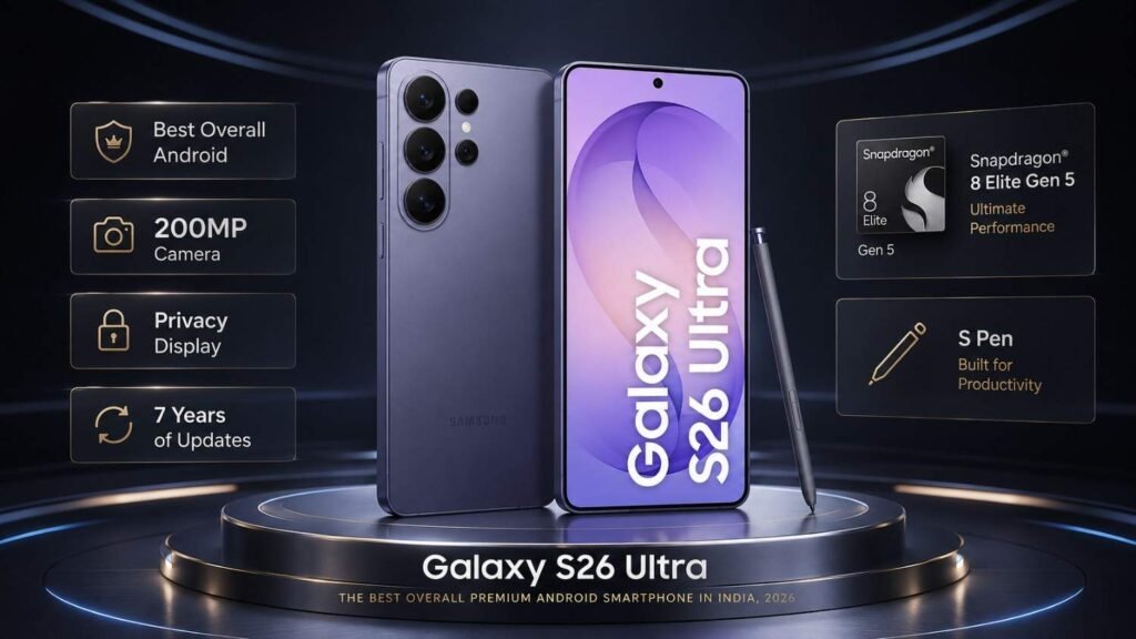 Samsung Galaxy S26 Ultra, one of the best premium Android phones in India 2026, with a 200MP camera and Privacy Display.