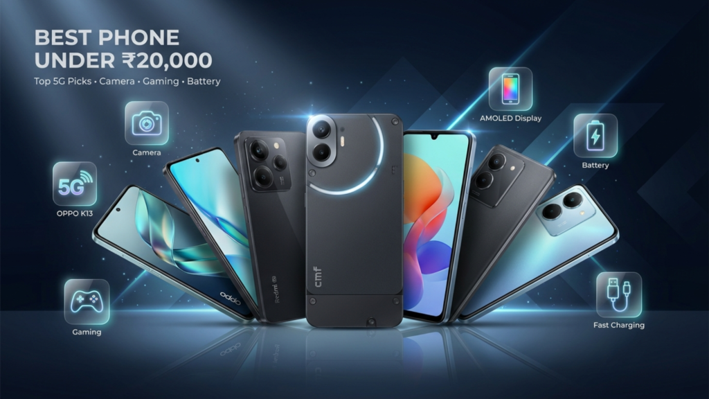Top Smartphone Picks Under ₹20,000 displayed in a premium futuristic showroom