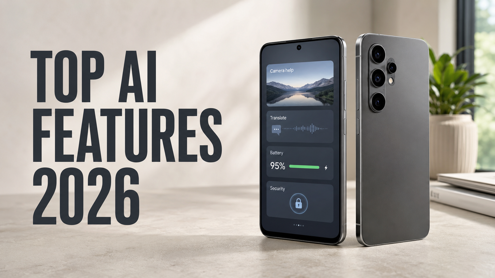 Two modern smartphones standing on a light-colored desk next to large, bold text that reads "TOP AI FEATURES 2026." The phone facing forward displays a dark-mode user interface with smart widgets for camera help, voice translation, battery life, and security. The phone facing backward features a matte gray finish and a triple-lens camera setup.