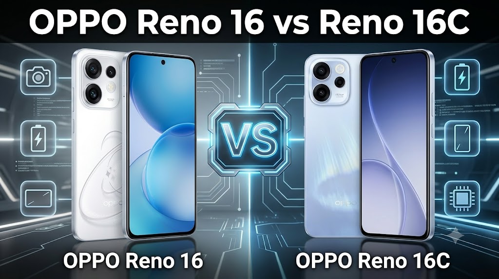 OPPO Reno 16 and Reno 16C side-by-side comparison thumbnail with a VS badge and feature icons.