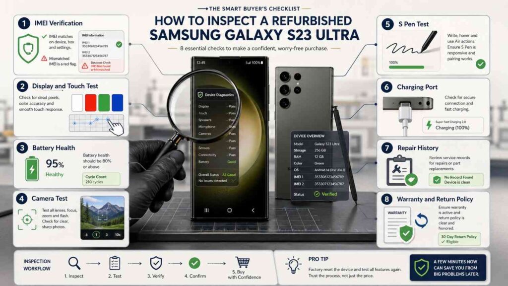 Samsung Galaxy S23 Ultra at half price inspection checklist for refurbished phone buyers