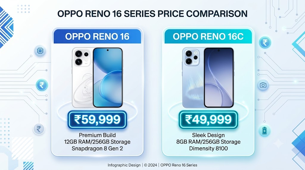 Price comparison infographic showing OPPO Reno 16 at ₹59,999 and Reno 16C at ₹49,999.