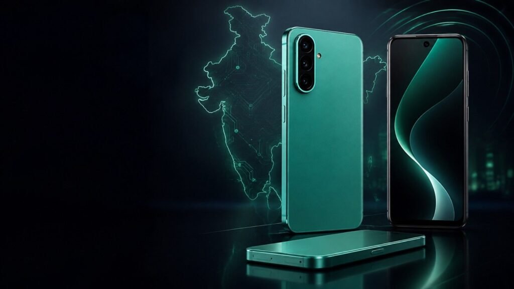 Samsung Galaxy F70 Pro 5G Aura Green and Alpha Black smartphones with illuminated India map