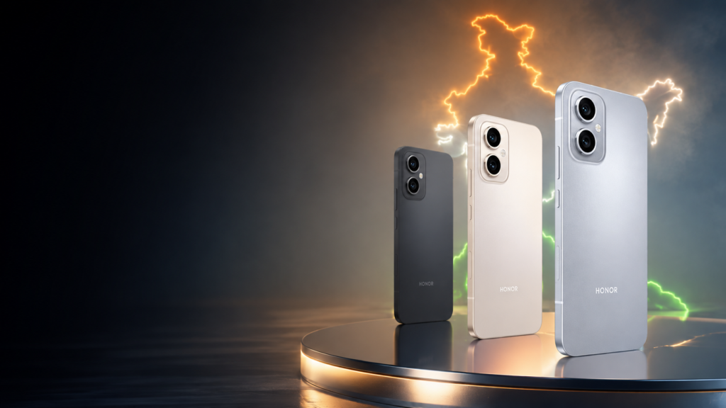 Honor Play 11 Pro silver, gold and graphite models with glowing India map in the background
