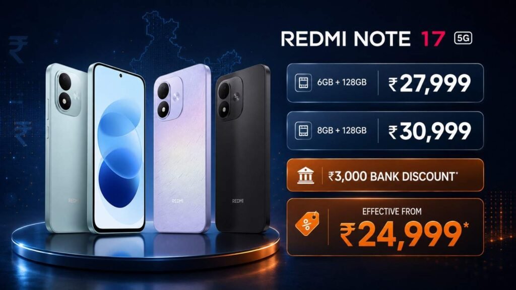 REDMI Note 17 5G India price variants and ₹3,000 eligible bank discount