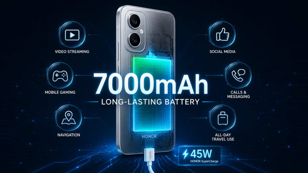 Honor Play 11 Pro 7000mAh battery infographic with 45W charging and everyday usage icons