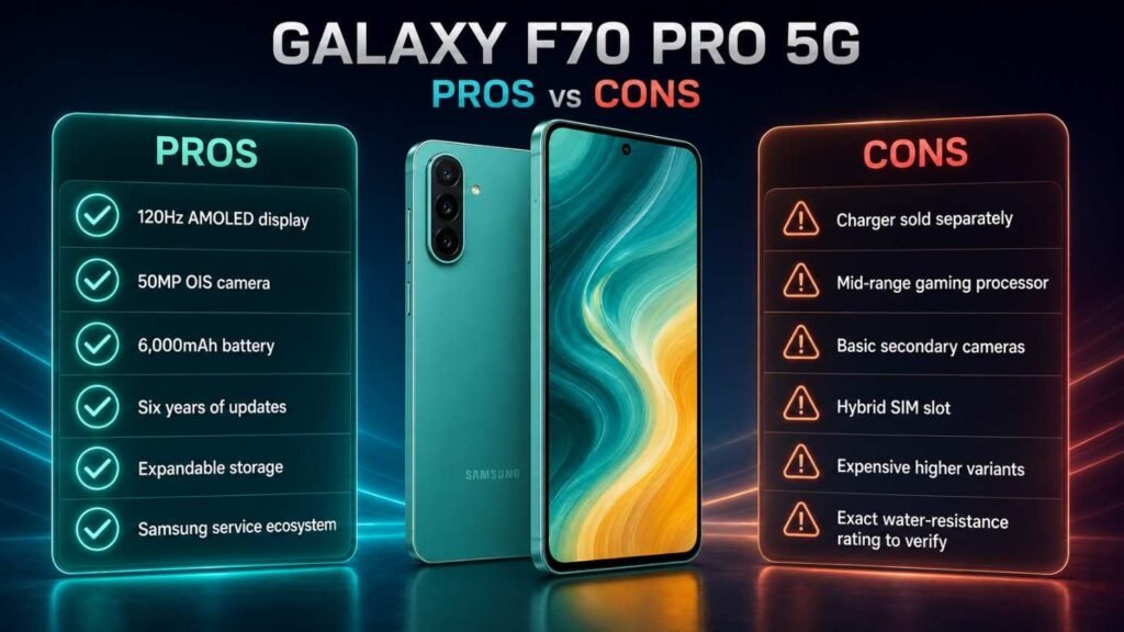 Samsung Galaxy F70 Pro 5G pros and cons comparison covering display, camera, battery and performance