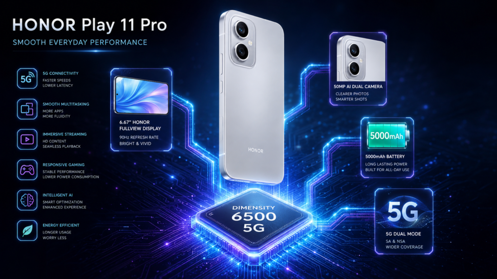 Honor Play 11 Pro Dimensity 6500 5G performance infographic with gaming, AI and multitasking icons