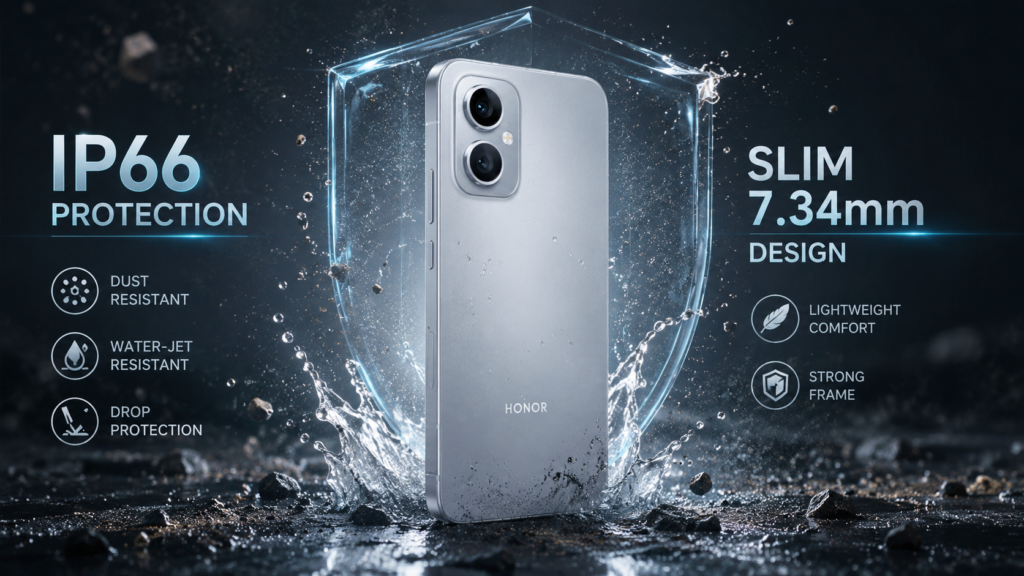 Honor Play 11 Pro IP66 protection and slim 7.34mm design with water, dust and durability graphics