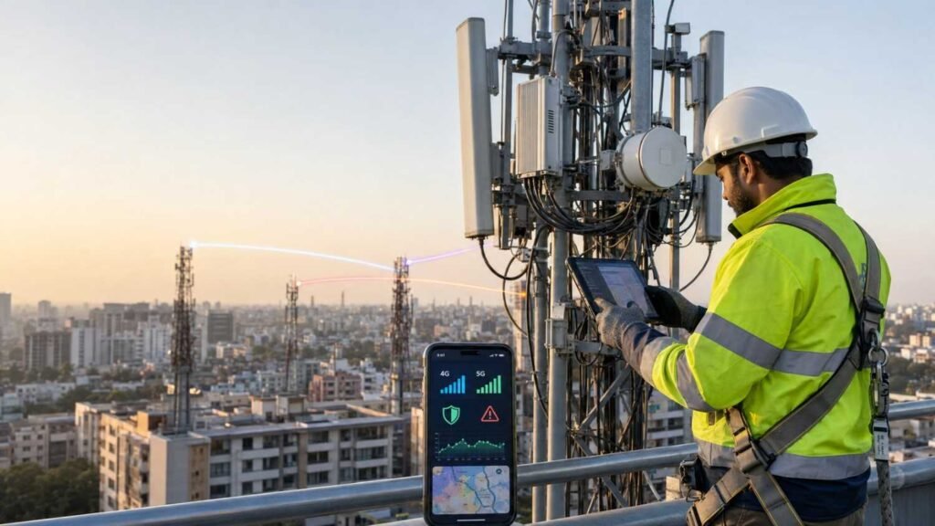 Indian telecom engineer inspecting a rooftop 4G and 5G tower using a rugged tablet
