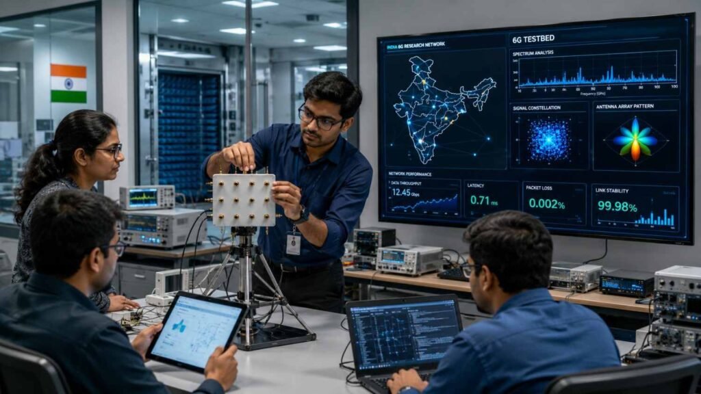 Indian researchers testing experimental 6G antennas and network equipment in a modern telecommunications laboratory.