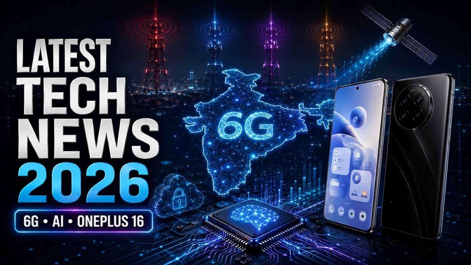 Latest Tech News 2026 thumbnail featuring India 6G network, telecom towers, AI chip and upcoming flagship smartphones.