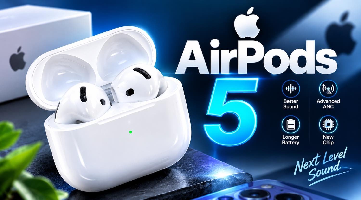 Apple AirPods 5 earbuds with white charging case in a premium blue-lit setup