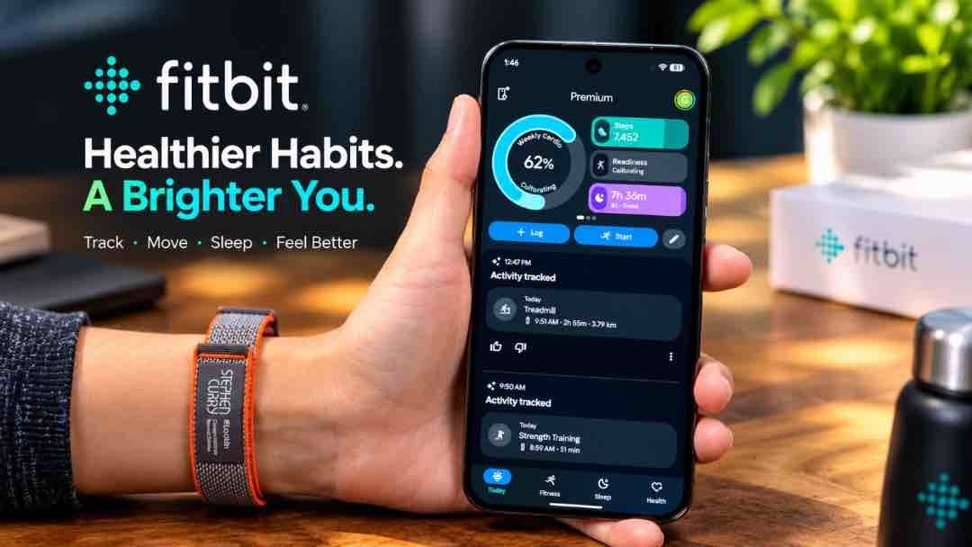 Google Fitbit Air connected to Google Health app showing fitness metrics and AI coaching interface