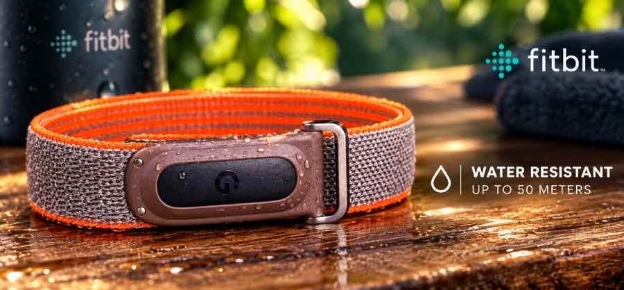 Google Fitbit Air screenless fitness tracker with 5ATM water resistance shown on wrist