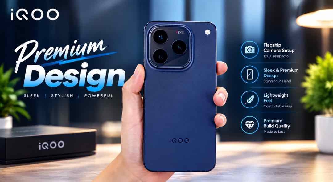 iQOO 16 held in hand showcasing camera design and 100x zoom capability