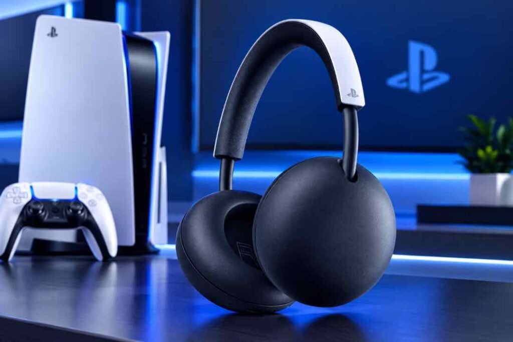 PlayStation Pulse Headset beside a PS5 console and DualSense controller