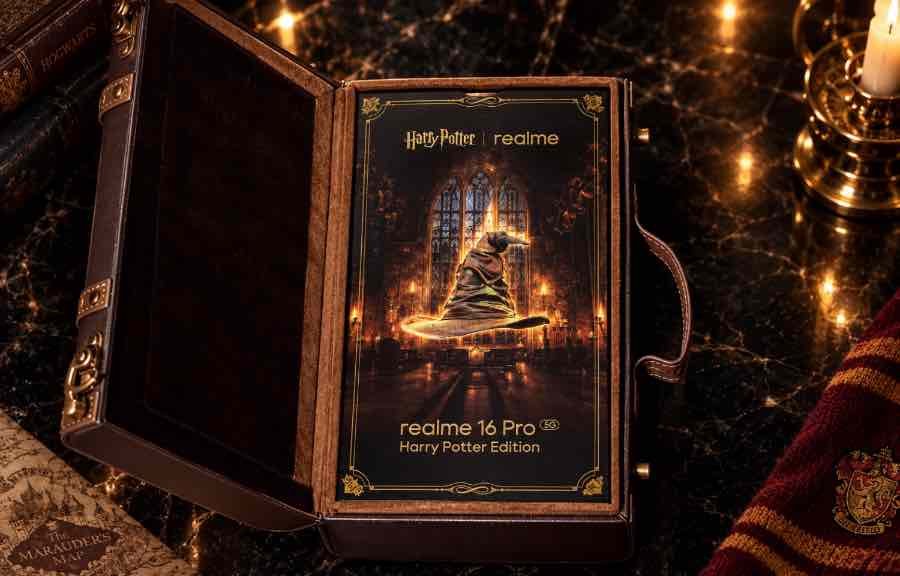 Realme 16 Pro Harry Potter Edition back panel with Hogwarts crest and Argyle leather texture