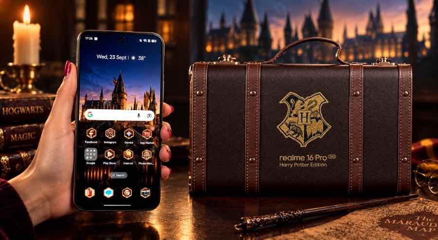 Realme 16 Pro Harry Potter Edition full look showing Hogwarts-themed design and Magic Brown finish