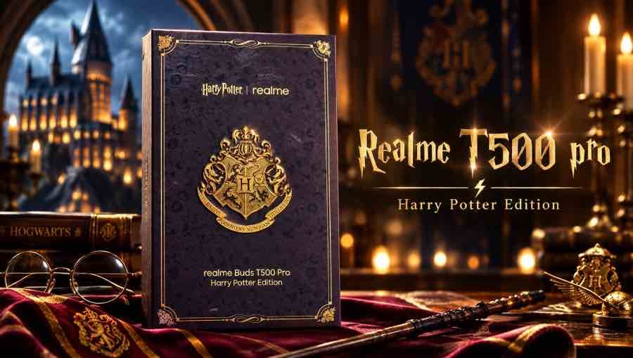 Realme Buds T500 Pro Harry Potter Edition retail box with Hogwarts-themed packaging