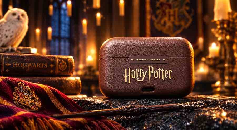 Realme Buds T500 Pro Harry Potter Edition charging case with Hogwarts crest and leather finish