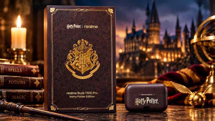Realme Buds T500 Pro Harry Potter Edition true wireless earbuds with gold stems
