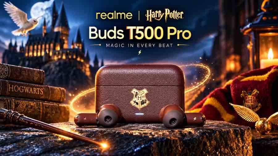 Realme Buds T500 Pro Harry Potter Edition earbuds with charging case and accessories