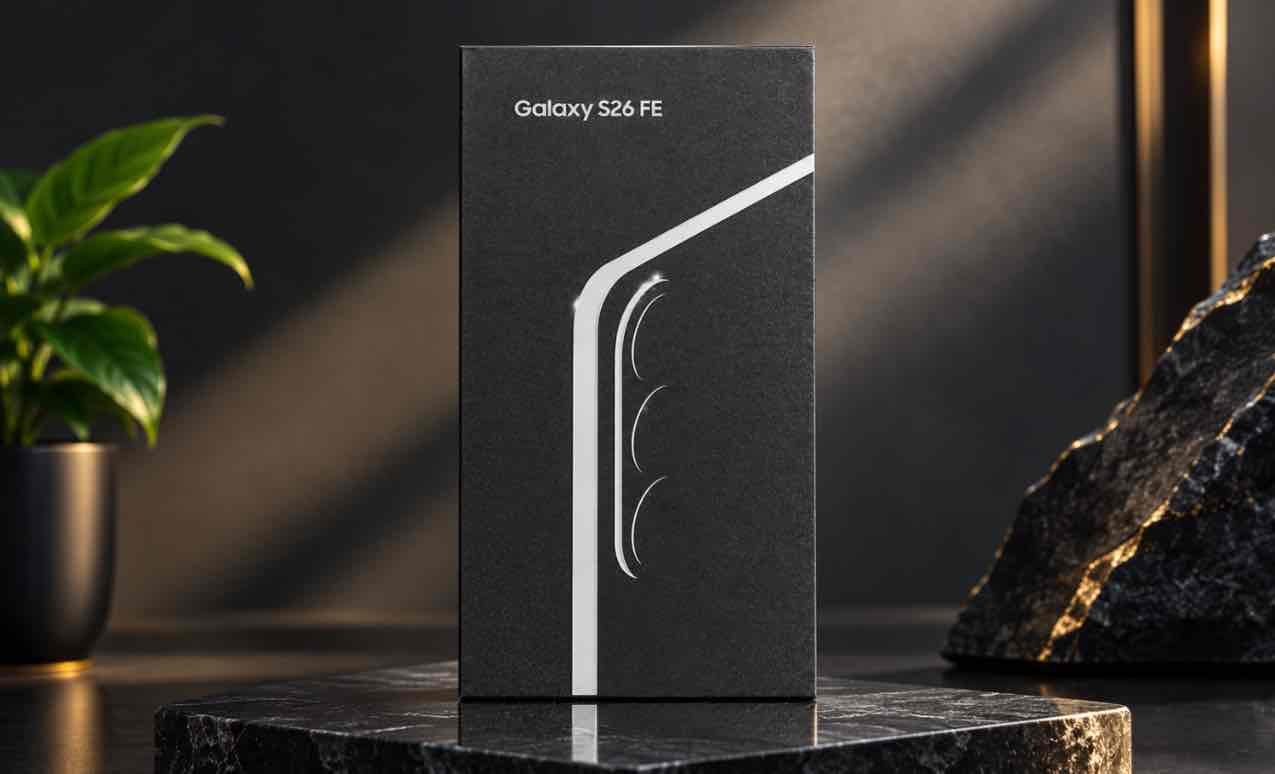 Samsung Galaxy S26 FE retail box packaging with phone and accessories