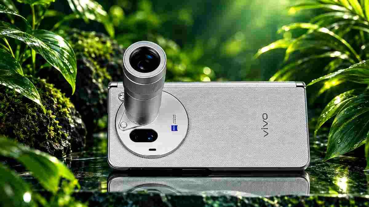 Vivo X Fold6 silver variant showing the 200MP Zeiss triple camera system and periscope telephoto lens