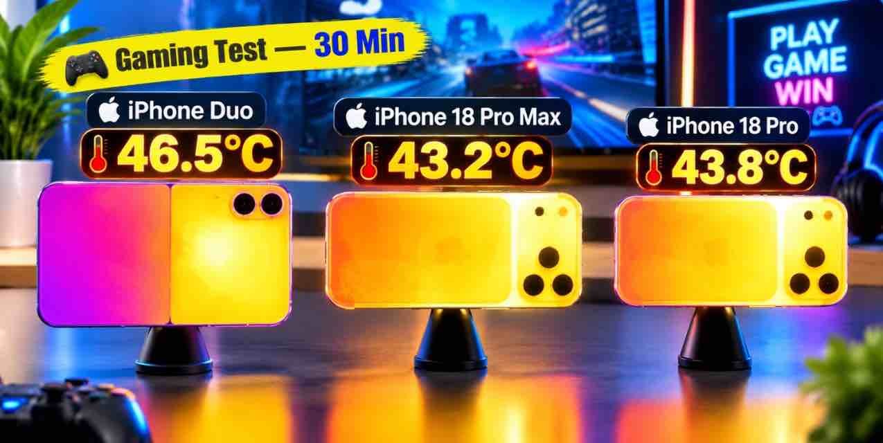 iPhone Duo thermal throttling and A20 Pro performance test showing 46.5 degrees Celsius