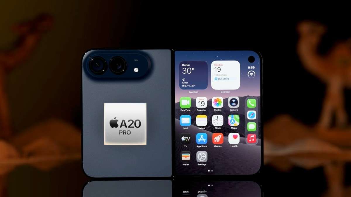 Apple A20 Pro chip powering the iPhone Duo in dark mode concept