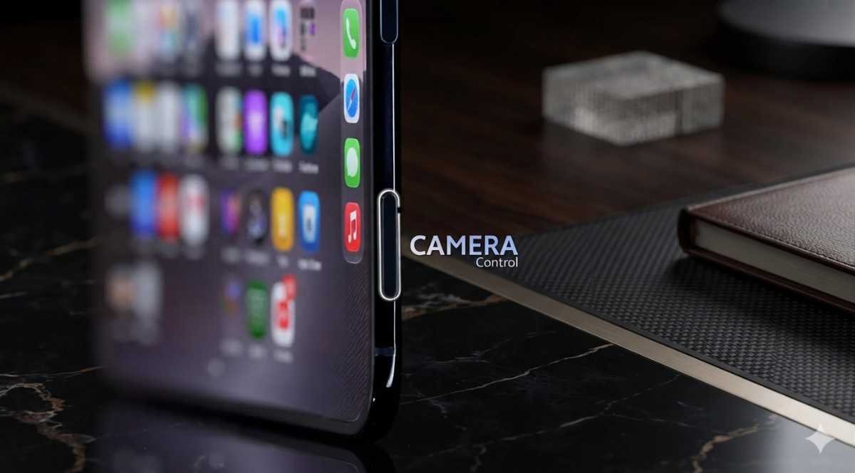 iPhone Duo side profile showing Camera Control button and 5.2mm thickness when open