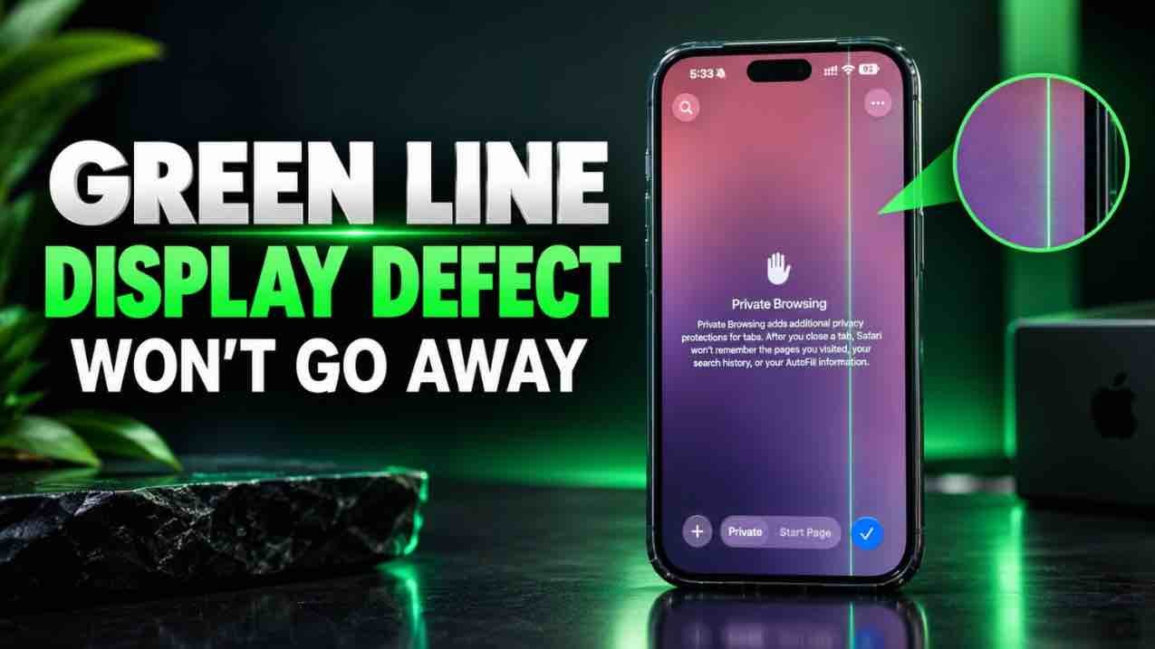 iPhone 18 Pro Max display showing green vertical line defect on screen