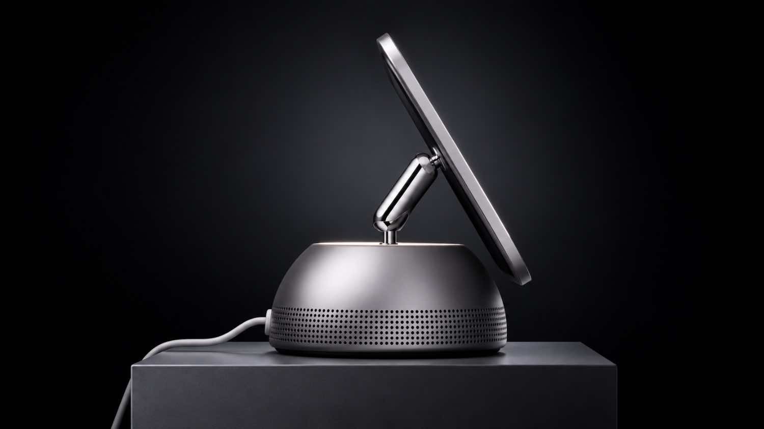 Concept render of the reported Apple HomeView showing the tabletop model with a floating display above a speaker base