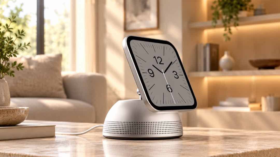 Concept render of the reported Apple HomeView showing a clock face on the square display