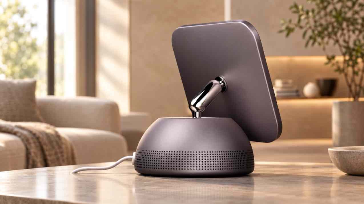 Concept render of the reported Apple HomeView smart home hub with a square display and small speaker base