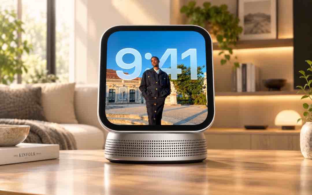 Concept render of the reported Apple HomeView placed on a side table in a modern living room