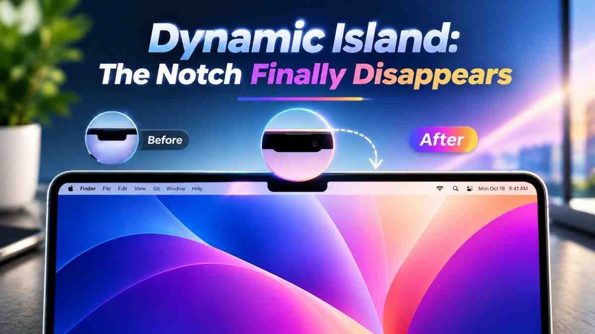 MacBook Dynamic Island — the notch disappears in favour of a pill-shaped cutout