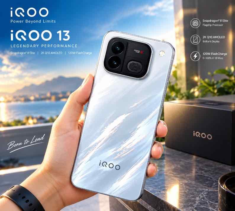 iQOO Neo 12 in Frost Blade Blue colour variant showing the dual-tone rear finish