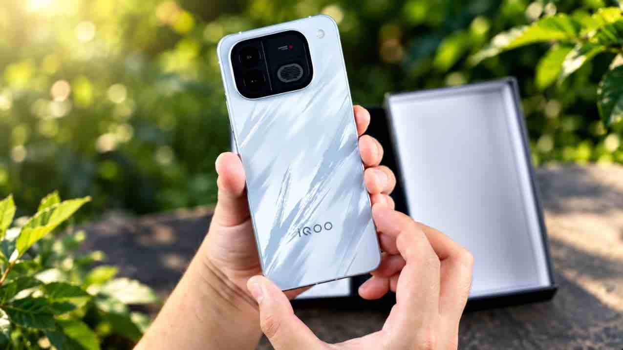 iQOO Neo 12 silver back design with square camera module and metal frame
