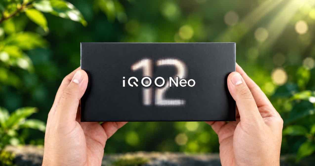 iQOO Neo 12 retail box on a nature background
