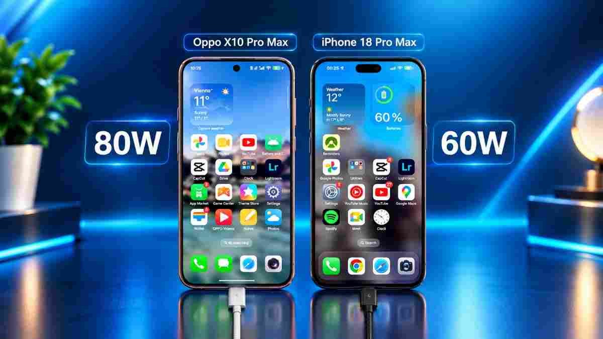 Oppo Find X10 Pro Max 80W charging vs iPhone 18 Pro Max 60W charging speed comparison