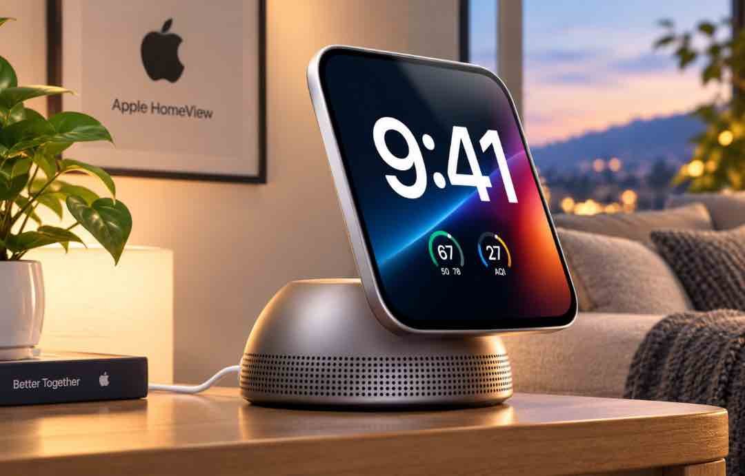 Concept render of the reported Apple HomeView smart display showing a home dashboard interface