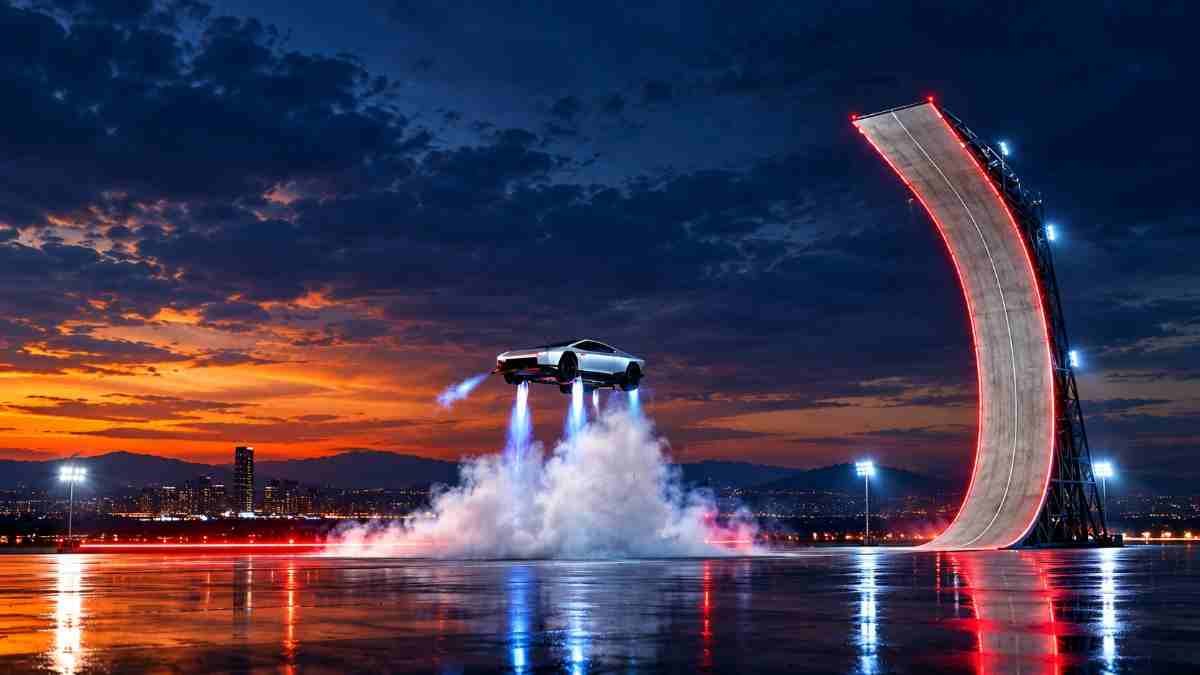 Tesla Roadster airborne during a cold-gas thruster demonstration at the SpaceX facility in McGregor, Texas